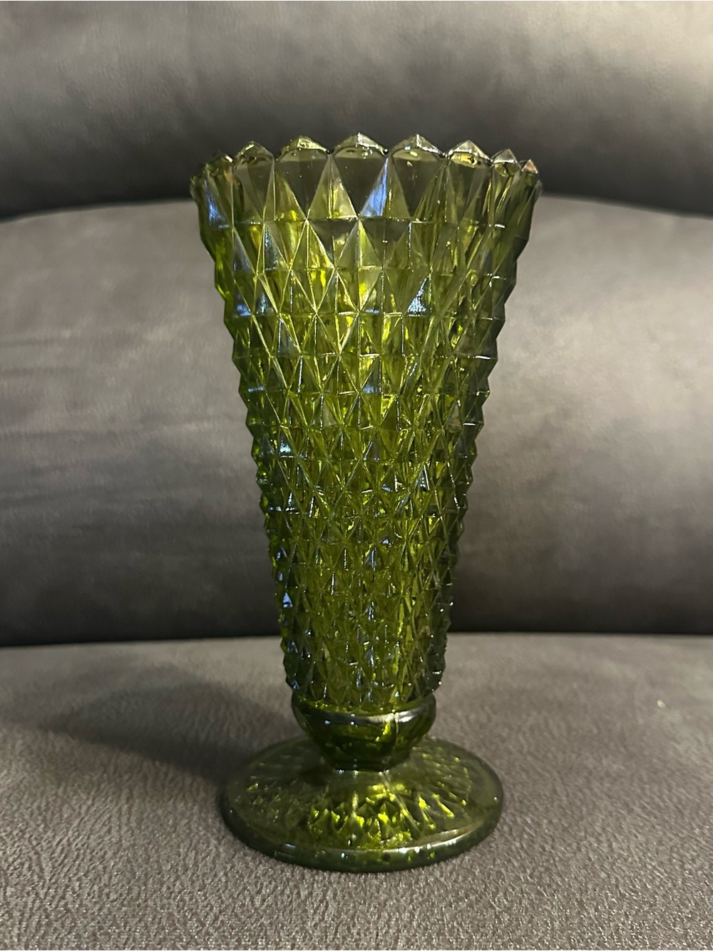 Indiana Glass Green Diamond Point Pedestal Vase 8" Vintage Pressed Glass Planter